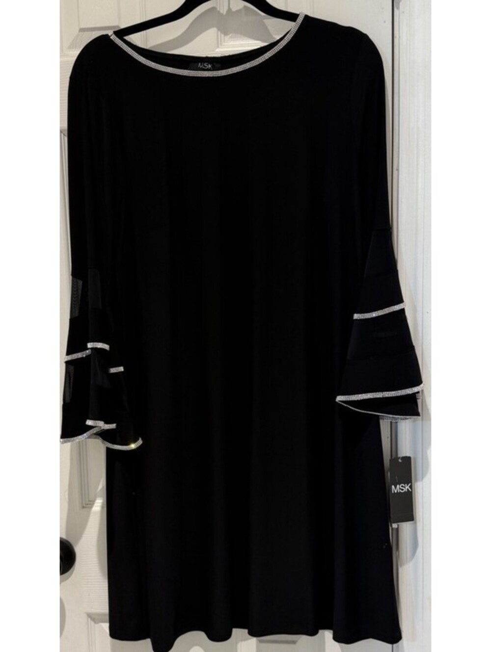 MSK Black Illusion Rhinestone Trim Bell Sleeve Sheath Dress Cocktail Size L